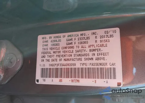 2010 Honda Accord 2.4 Lx z USA, uszkodzony, nr VIN 1HGCP2F33AA092059